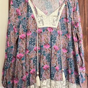 Matilda Jane Floral boho Lace-Trim Blouse in Pink and Blue